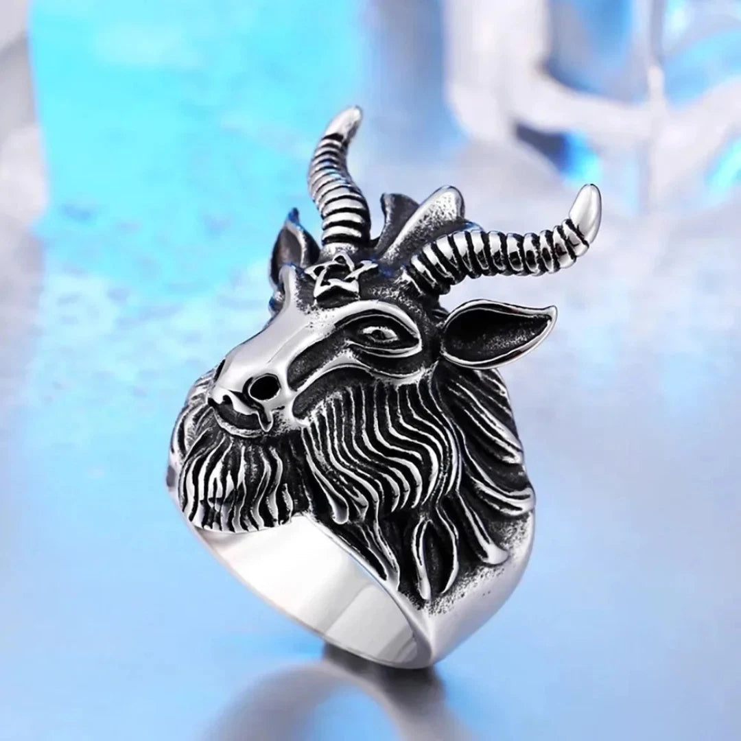 Vintage Gothic Satanic Goat Head Adjustable Ring, Lucifer Skull Punk Biker Ring
